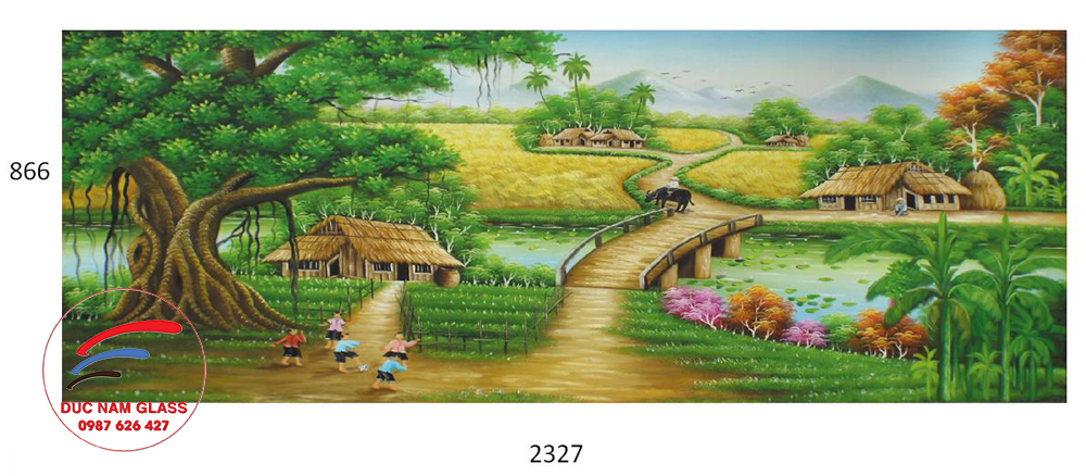 Tranh Đồng quê cánh đồng lúa, con đường làng